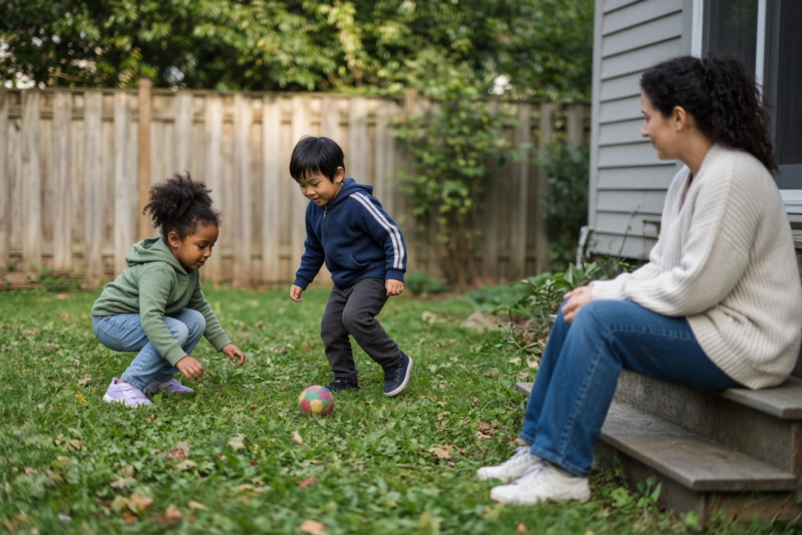 Two children playing in a back garden while a parent watches