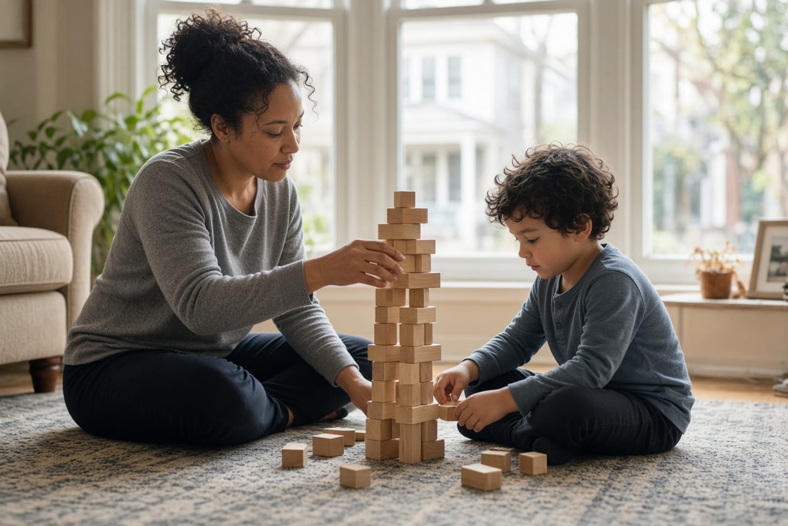 A parent and their young son building a block tower together on a living room rug