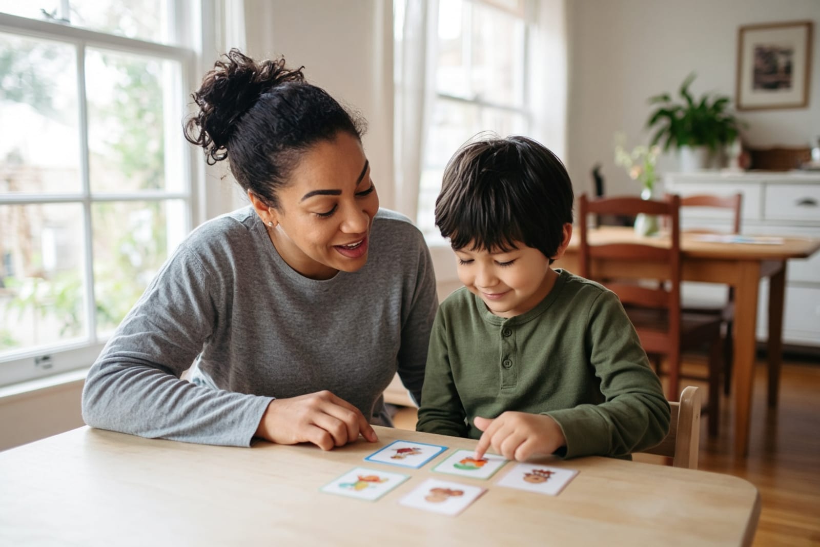 A therapist and a young child working with picture cards at a low table