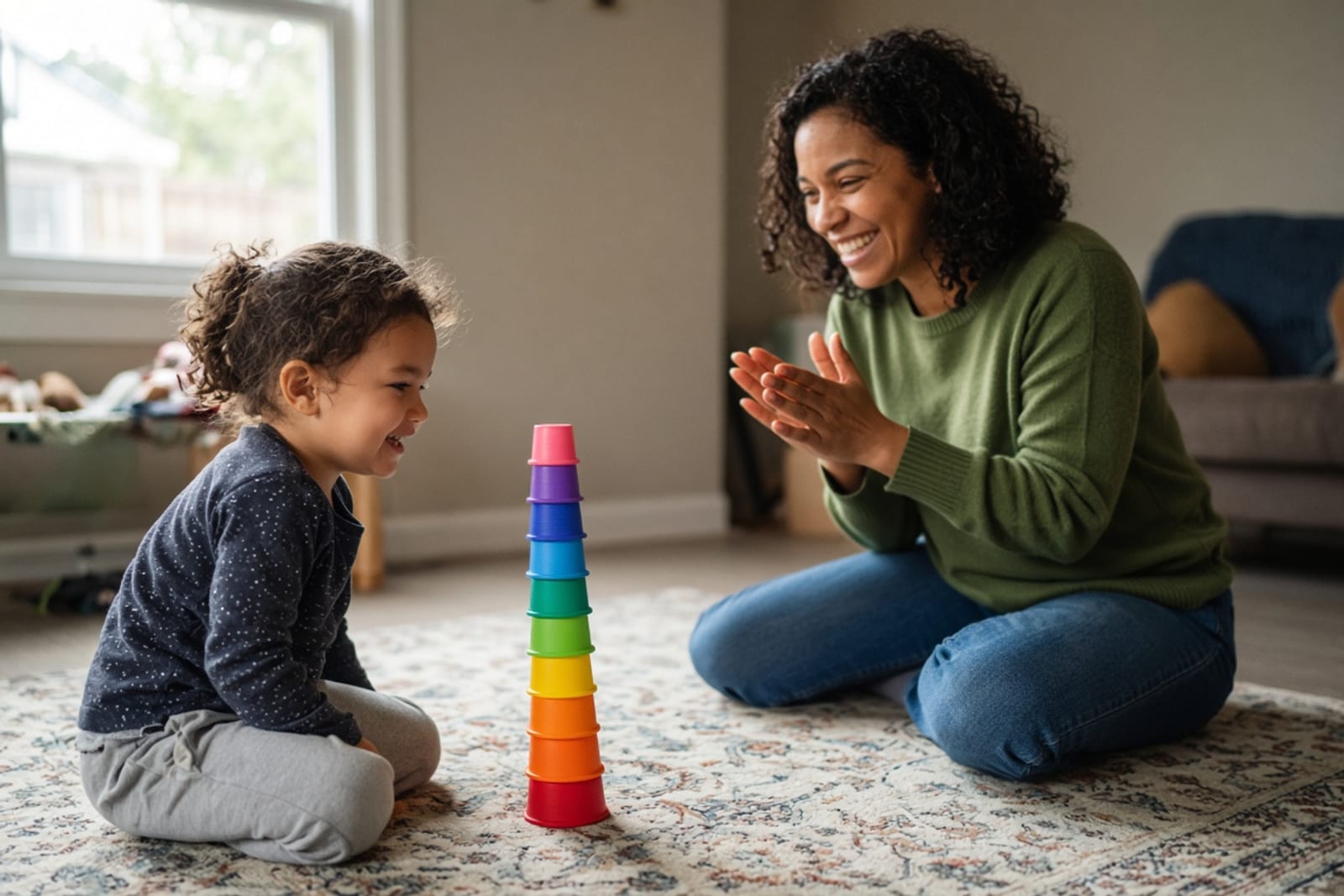 A therapist clapping as a child finishes stacking colored cups
