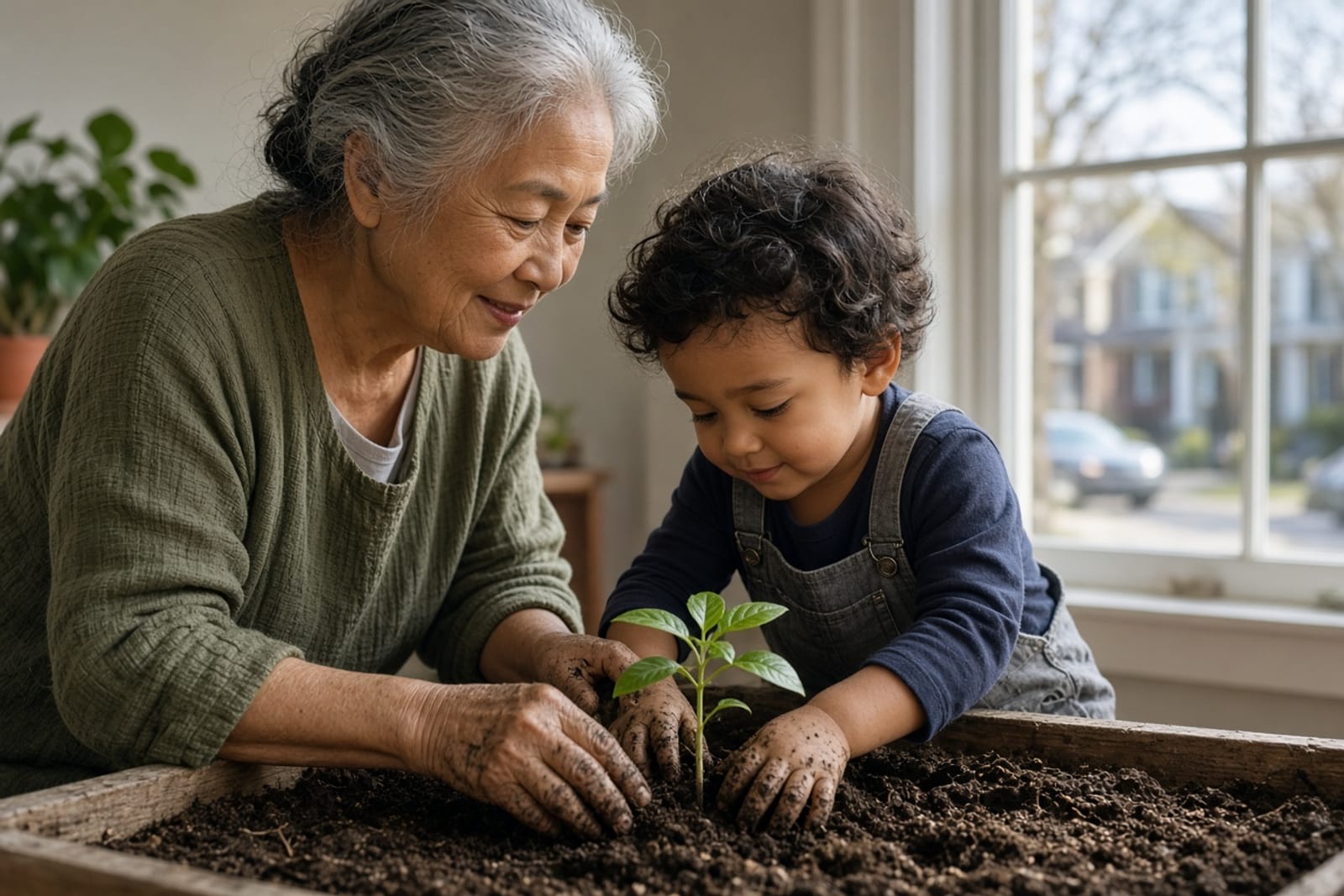A grandparent and child planting seedlings together