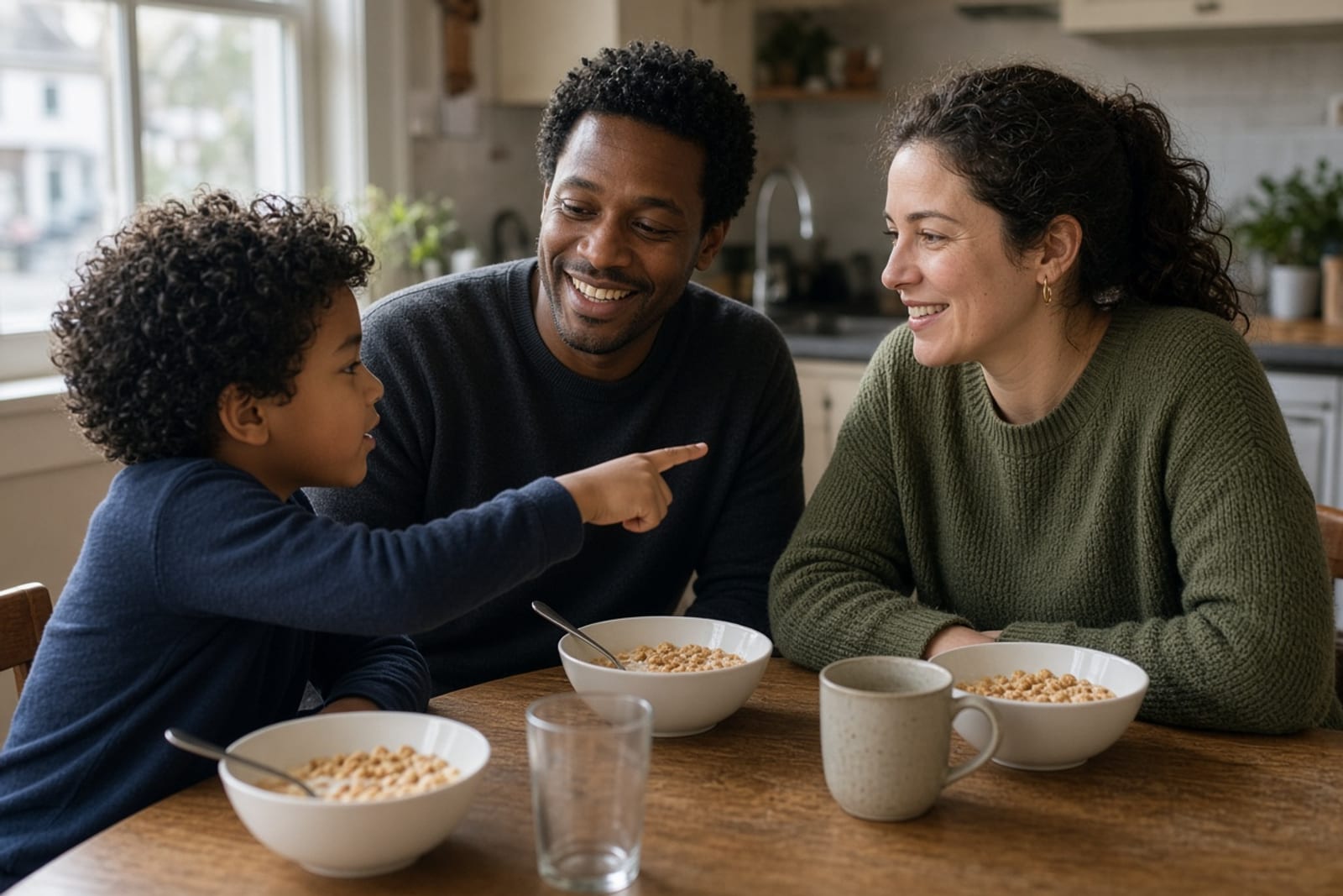 A family at the kitchen table in the morning
