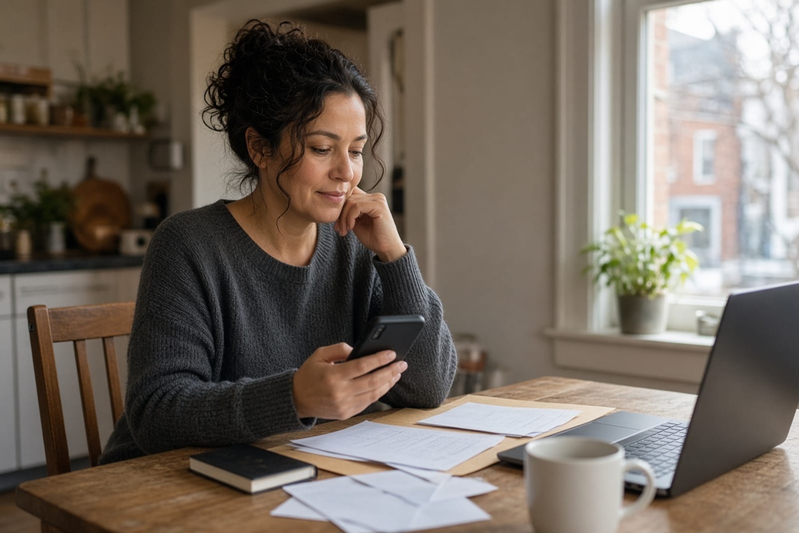 A parent on the phone at the kitchen table with insurance paperwork