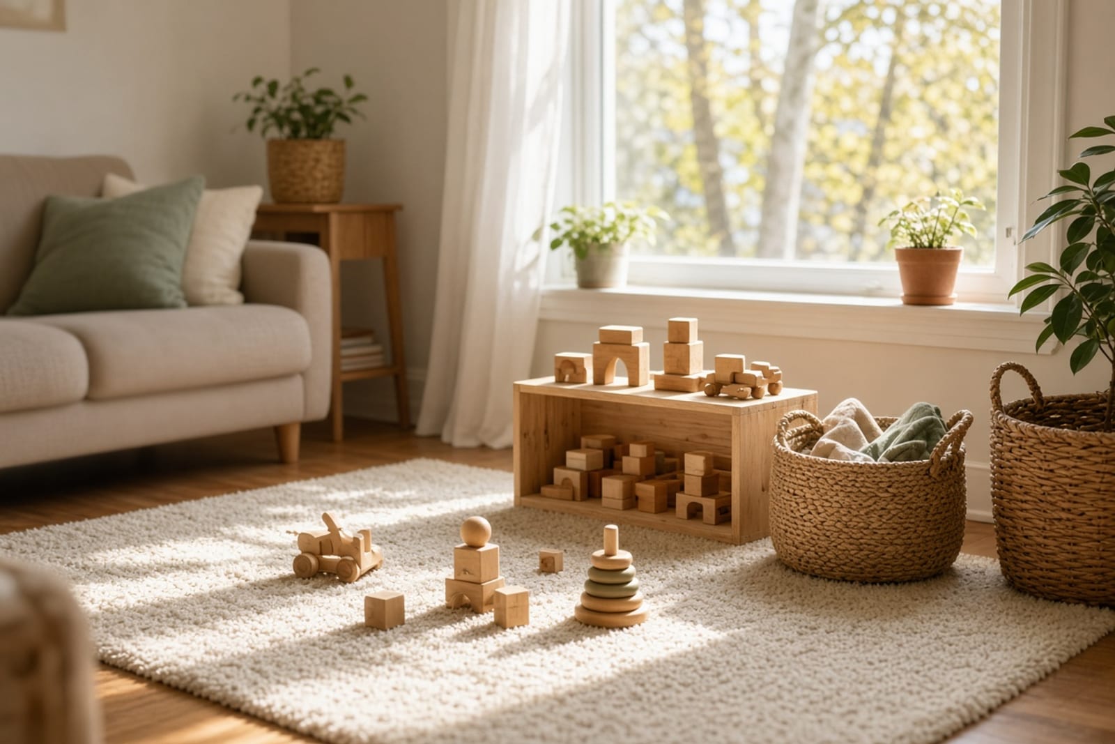 A sunlit corner of a family room set up for play