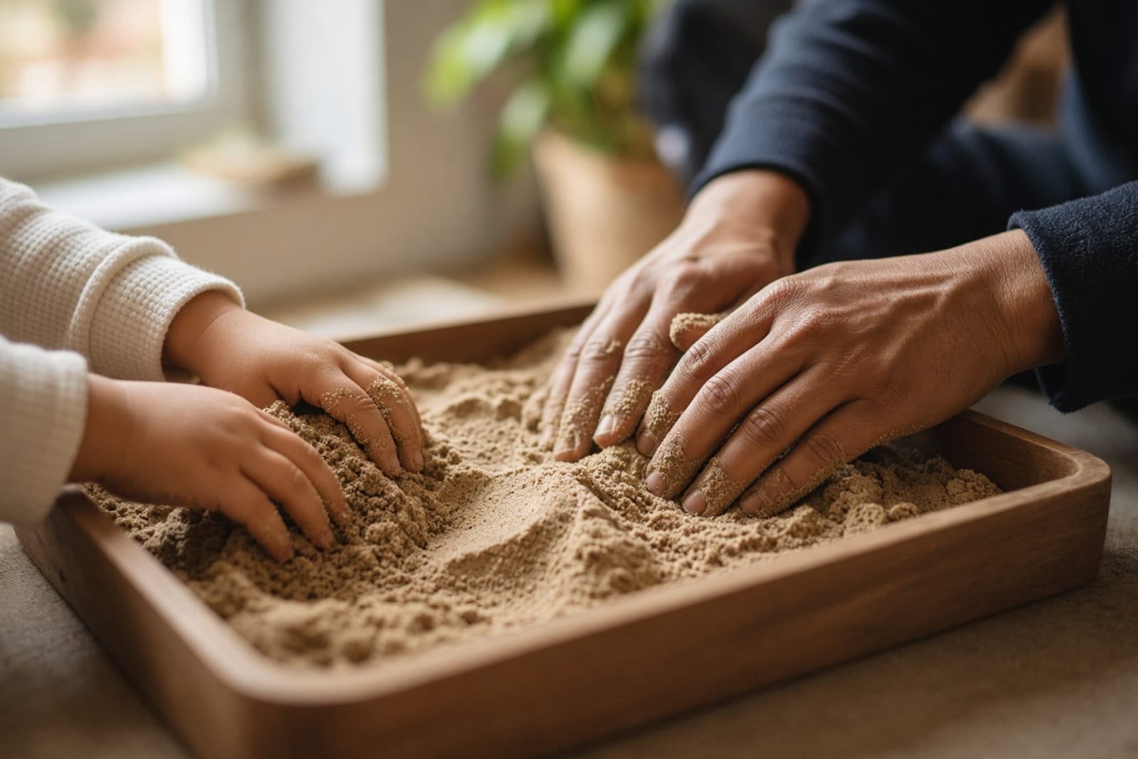 A child's hands and an adult's hands together in a tray of kinetic sand