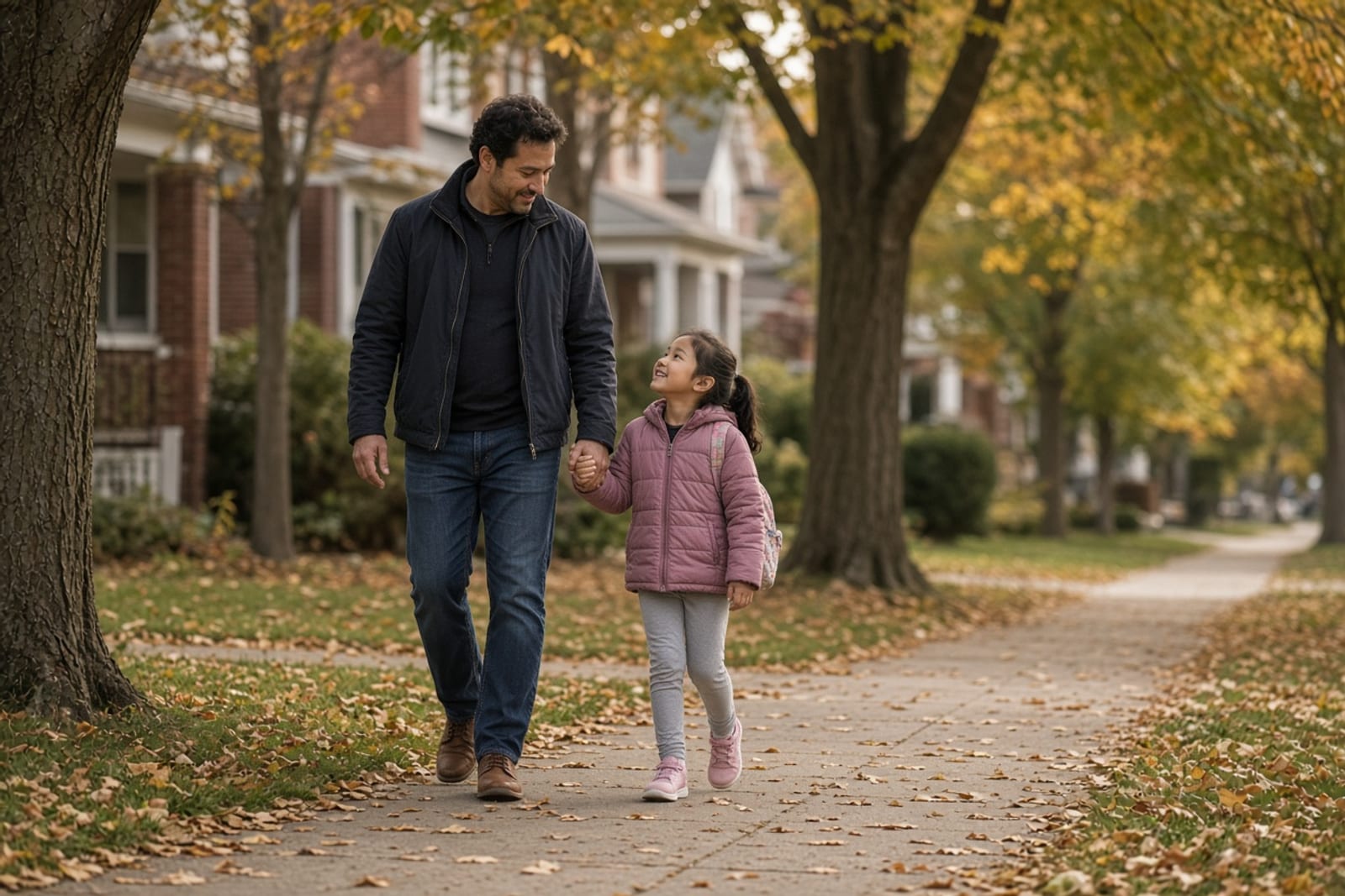 A father and daughter walking hand in hand along a tree-lined street